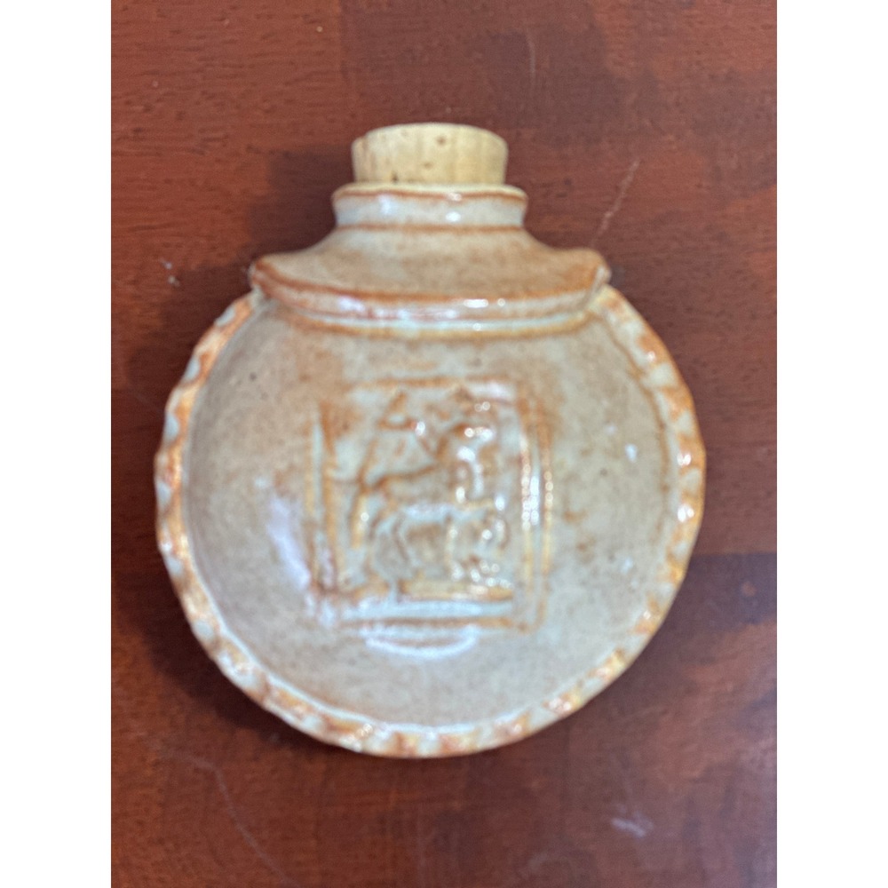 Vintage Ceramic Canteen Bottle Embossed Scroll Equestrian Motif Tan Pottery Cork